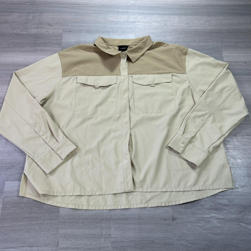 The‎ North Face Shirt Womens XXL Beige Colorblock Long Sleeve Button Hiking UPF